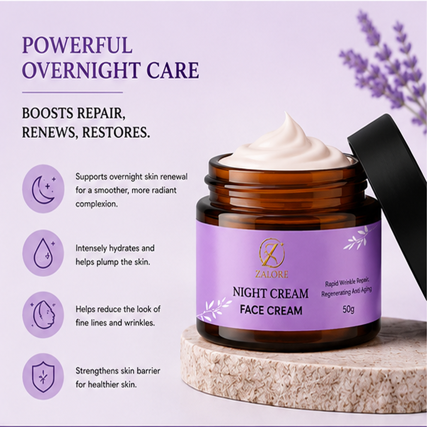 zalore™ overnight renewal night cream | deep hydration & skin nourishment | 50g