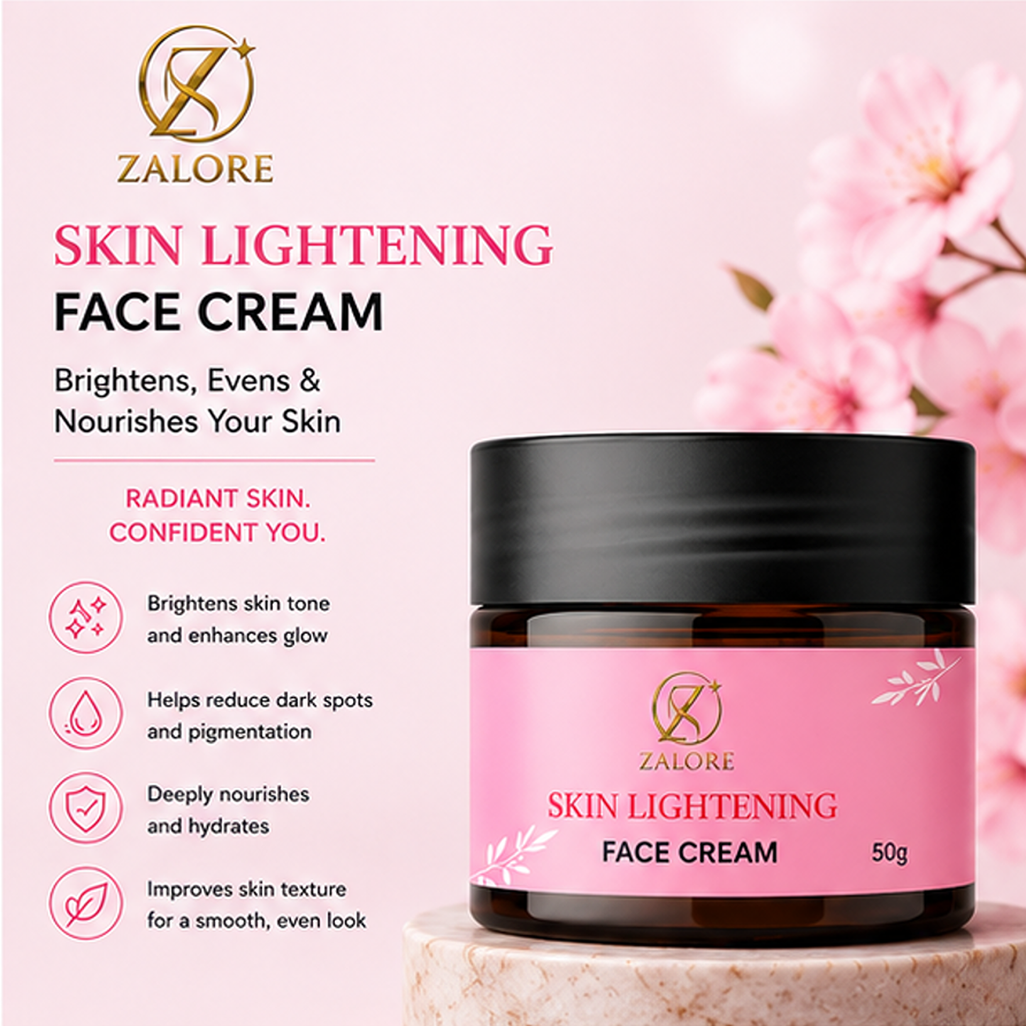 zalore skin lightening face cream with glutathione, alpha arbutin & vitamins c, b3, e for bright & hydrated skin, lightweight daily moisturizer, 50g