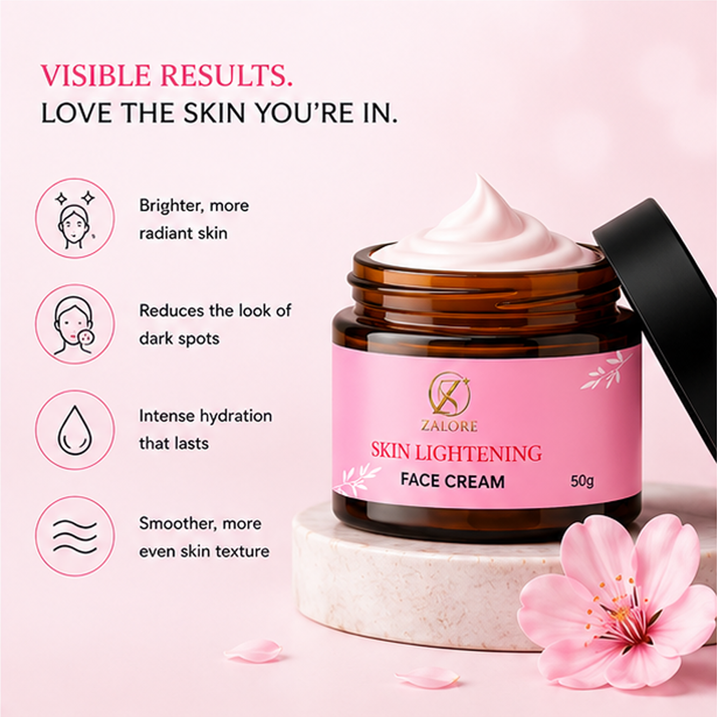 zalore skin lightening face cream with glutathione, alpha arbutin & vitamins c, b3, e for bright & hydrated skin, lightweight daily moisturizer, 50g