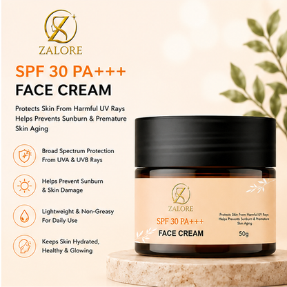 ZALORE SPF 30 PA+++ Face Cream with UV Protection, Lightweight Daily Moisturizer for Sun Protection, Hydrating Non-Greasy Face Cream for All Skin Types, 50g