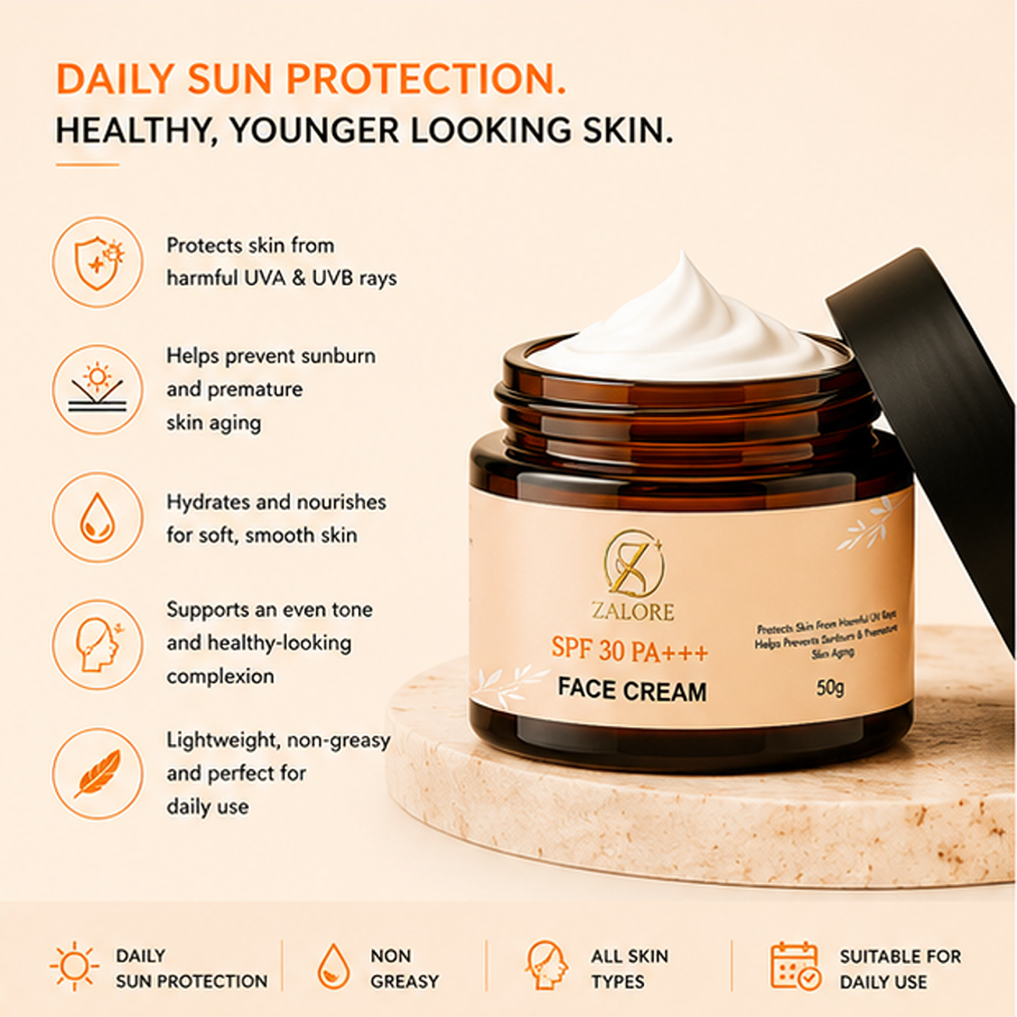 zalore spf 30 pa+++ face cream with uv protection, lightweight daily moisturizer for sun protection, hydrating non-greasy face cream for all skin types, 50g