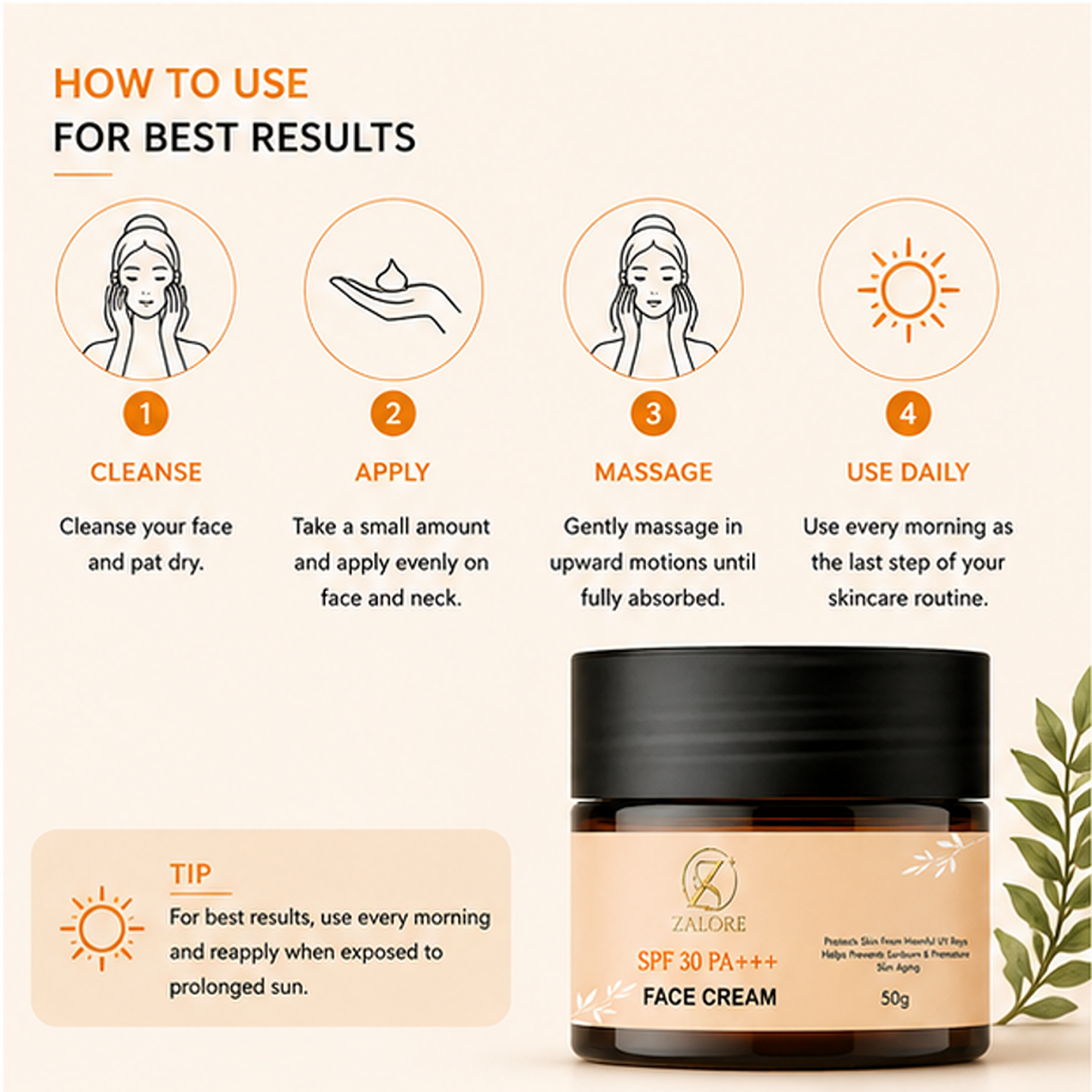 zalore spf 30 pa+++ face cream with uv protection, lightweight daily moisturizer for sun protection, hydrating non-greasy face cream for all skin types, 50g