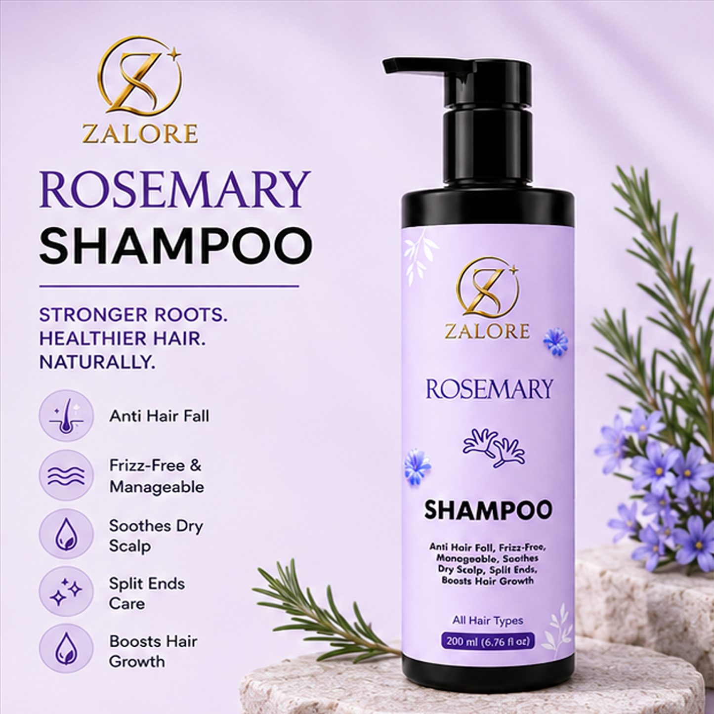 zalore™ rosemary hair strength shampoo | scalp care & healthy hair support | 200ml