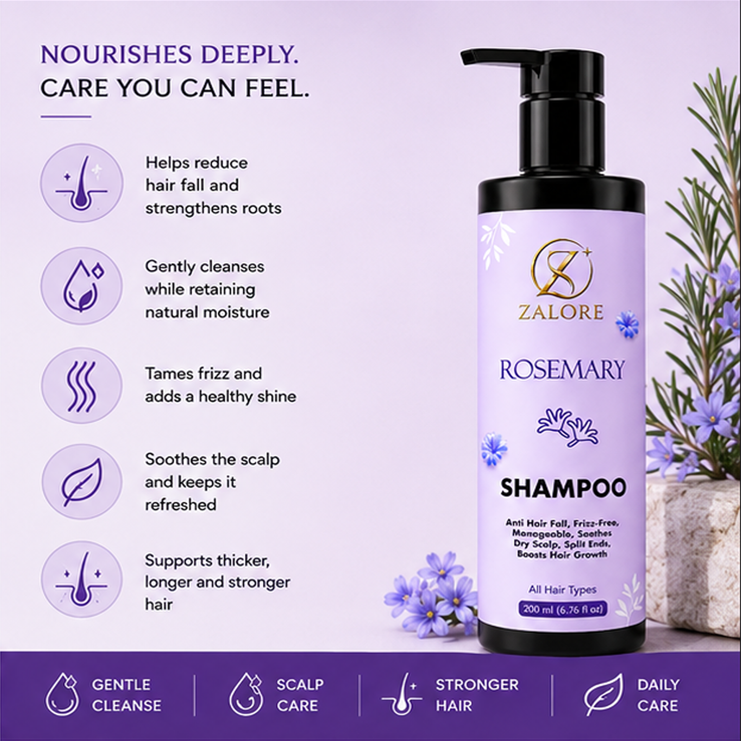 zalore™ rosemary hair strength shampoo | scalp care & healthy hair support | 200ml