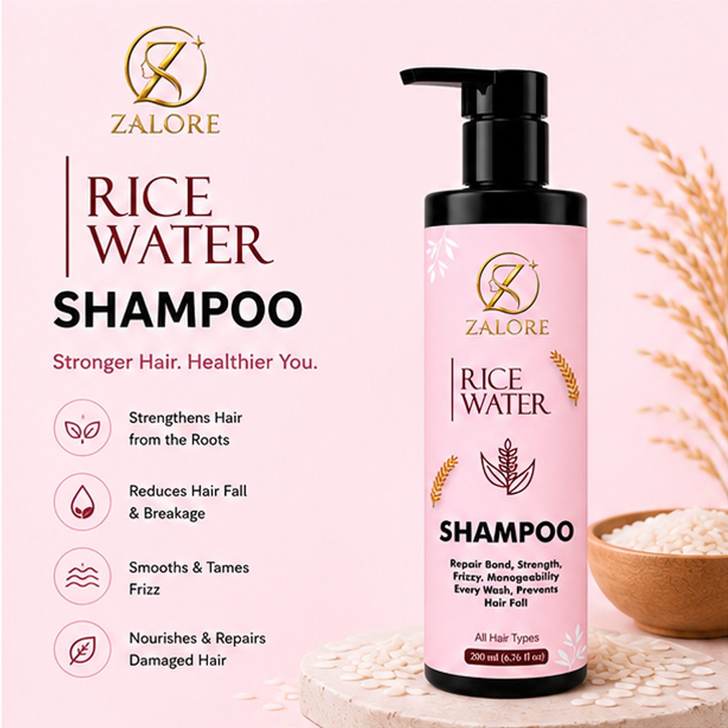 zalore™ rice water nourishing shampoo | hair strength & smoothness care | 200ml