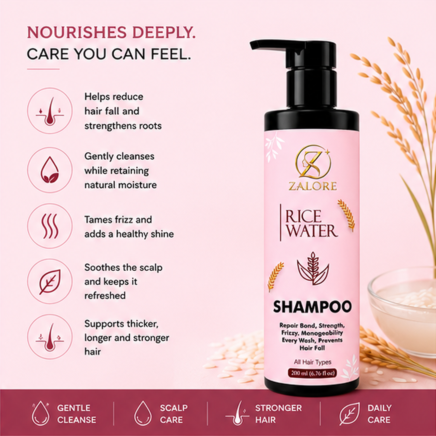 zalore™ rice water nourishing shampoo | hair strength & smoothness care | 200ml