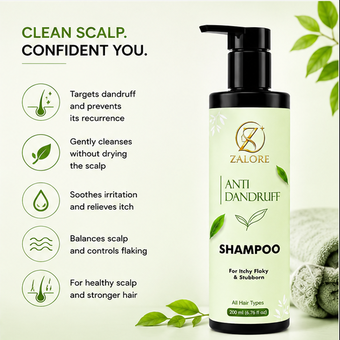 zalore™ anti-dandruff shampoo | flake control & scalp refresh care | 200ml