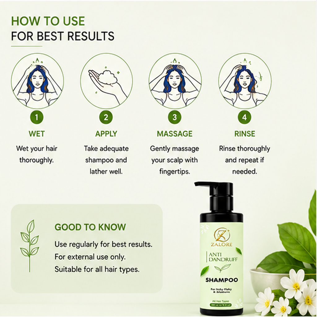 ZALORE Anti Dandruff Shampoo for Itchy Flaky Scalp Helps Remove Visible Flakes Cleanses Hair and Scalp Supports Healthy Looking Hair Suitable for All Hair Types 200 ml