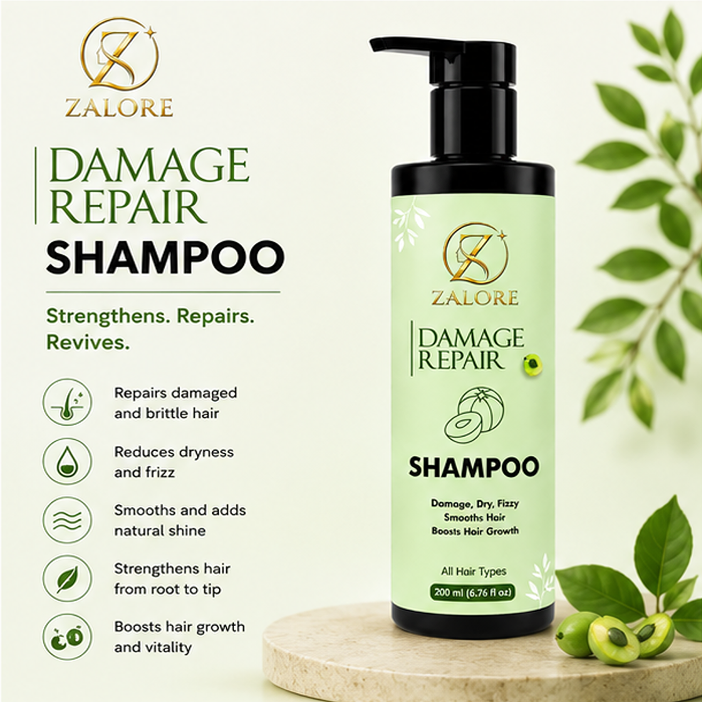 zalore™ damage repair shampoo | nourish, smooth & revive dry hair | 200ml