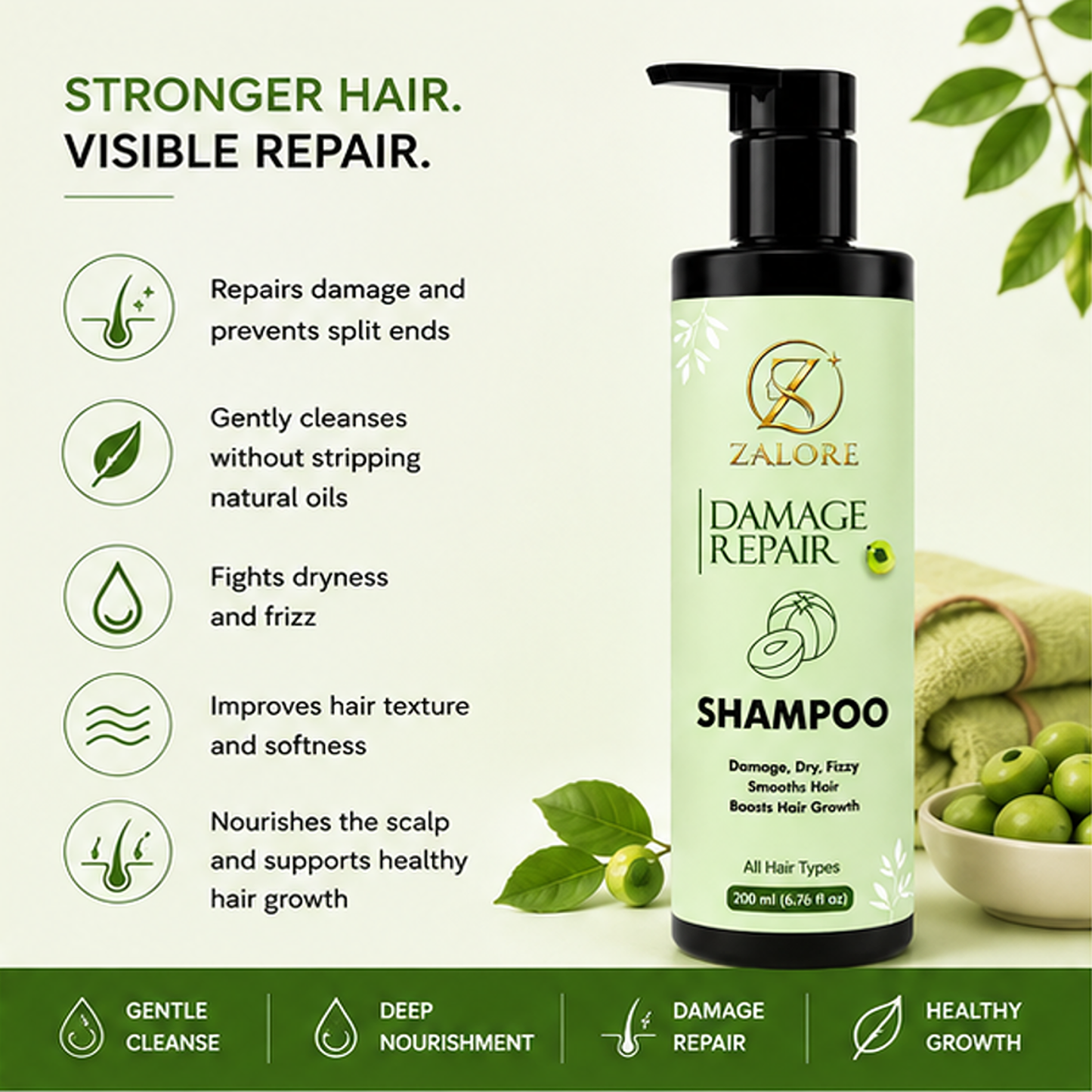 zalore™ damage repair shampoo | nourish, smooth & revive dry hair | 200ml