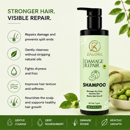 ZALORE™ Damage Repair Shampoo | Nourish, Smooth & Revive Dry Hair | 200ml