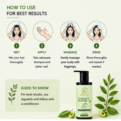 ZALORE™ Damage Repair Shampoo | Nourish, Smooth & Revive Dry Hair | 200ml