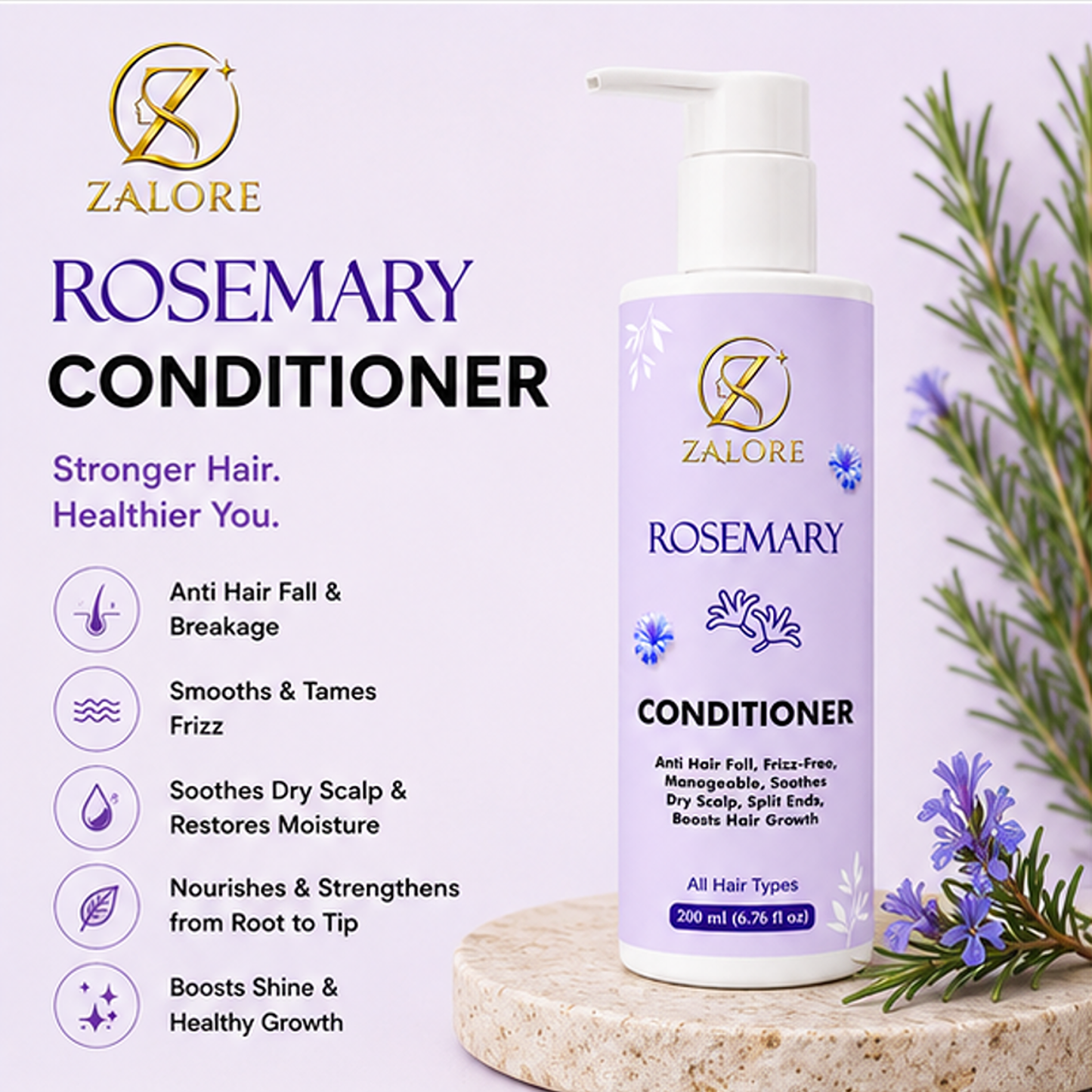 zalore™ rosemary nourishing hair conditioner | smooth, strengthen & revitalize hair | 200ml