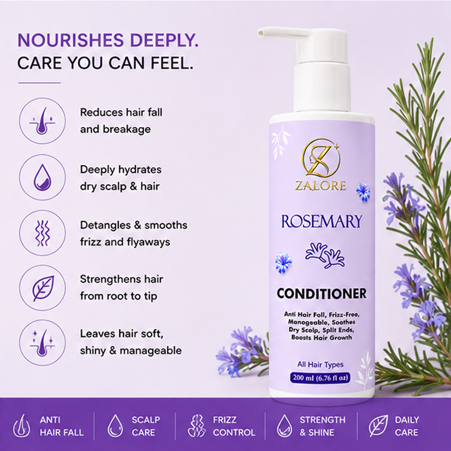zalore™ rosemary nourishing hair conditioner | smooth, strengthen & revitalize hair | 200ml