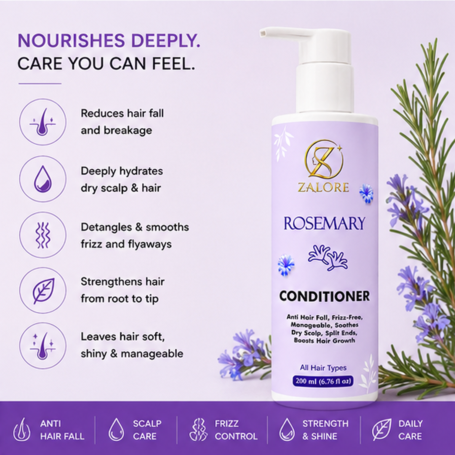 ZALORE Rosemary Hair Conditioner for Dry & Frizzy Hair, Nourishing Conditioner Helps Smooth Hair, Improve Manageability & Support Healthy Looking Hair, 200ml