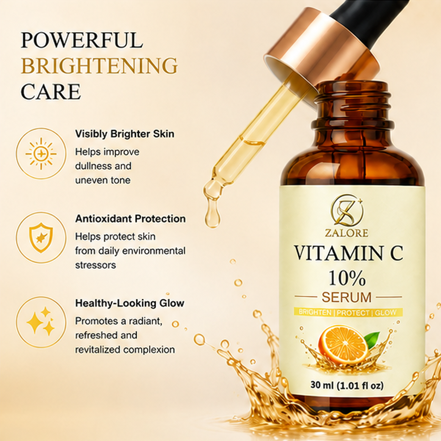 zalore™ vitamin c 10% radiance serum | brightening & glow boost care | 30ml