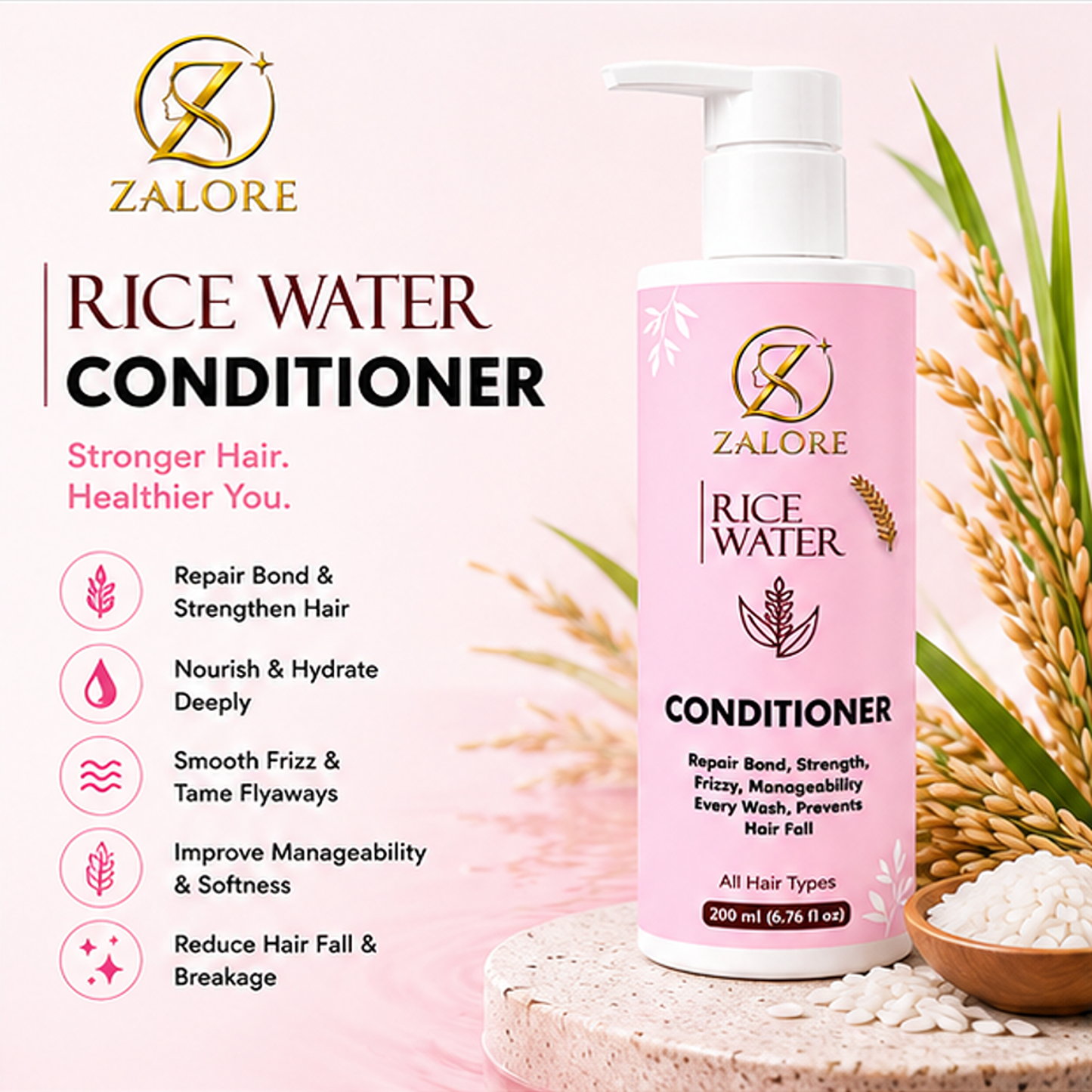zalore™ rice water nourishing conditioner | smooth, soft & silky hair care | 200ml