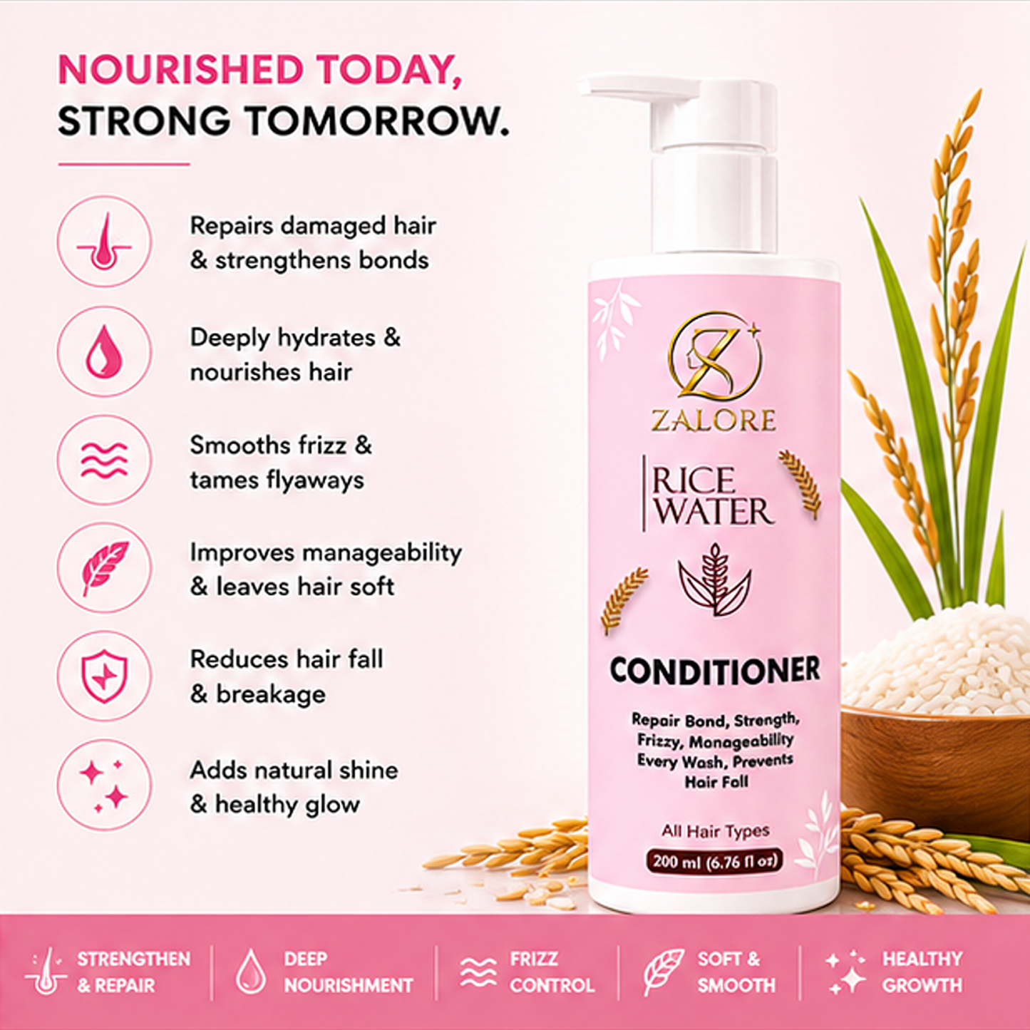 zalore™ rice water nourishing conditioner | smooth, soft & silky hair care | 200ml