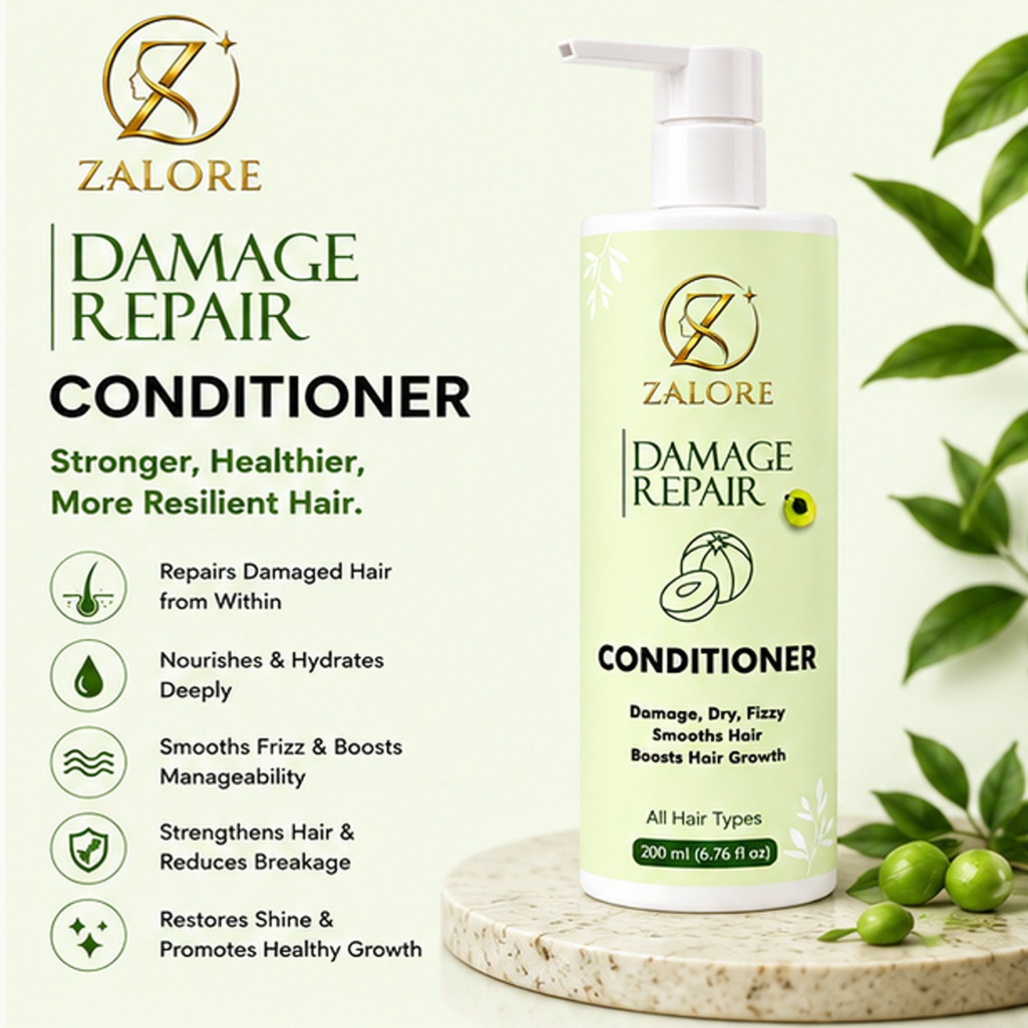 zalore™ damage repair hair conditioner | smooth, nourish & strengthen dry hair | 200ml