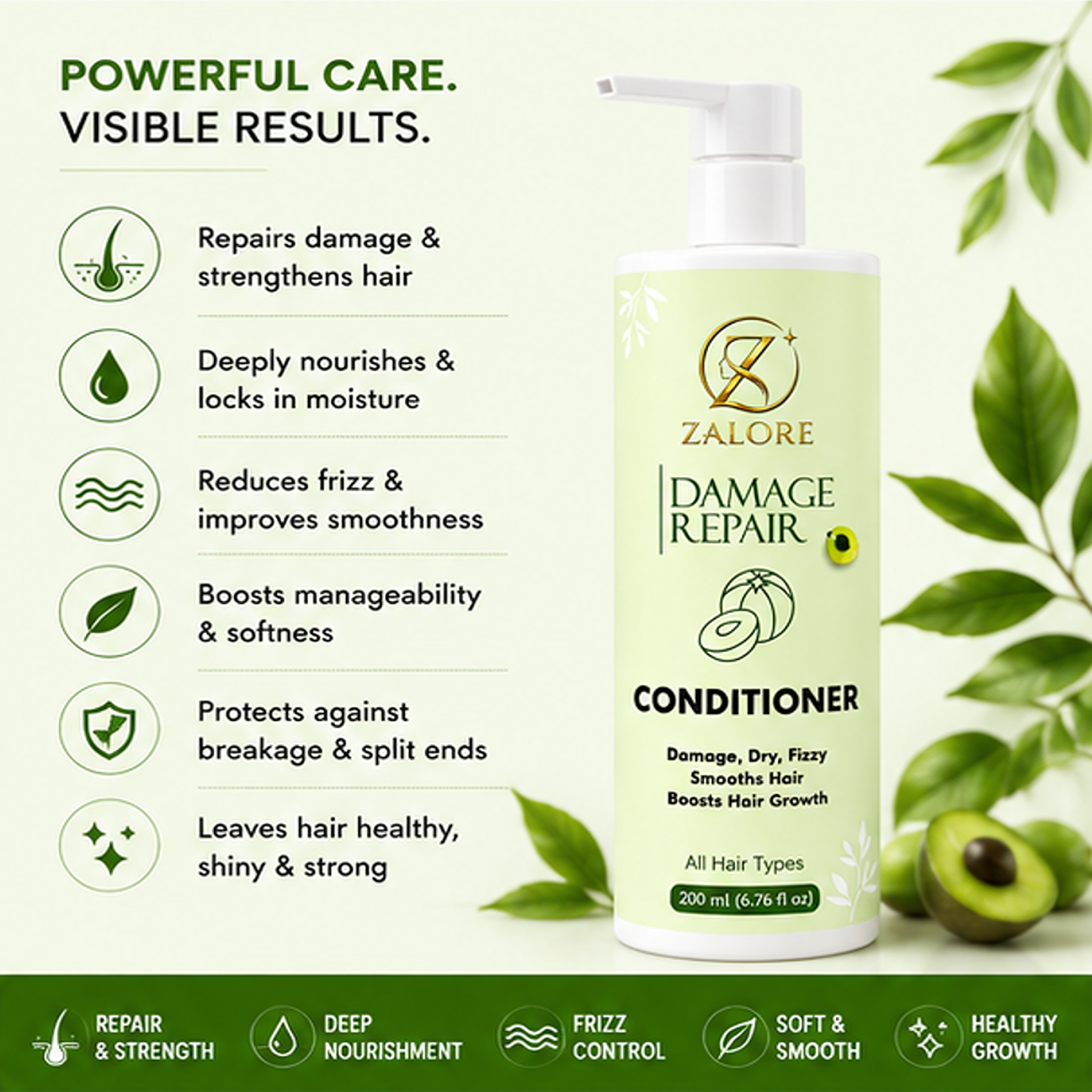 zalore™ damage repair hair conditioner | smooth, nourish & strengthen dry hair | 200ml
