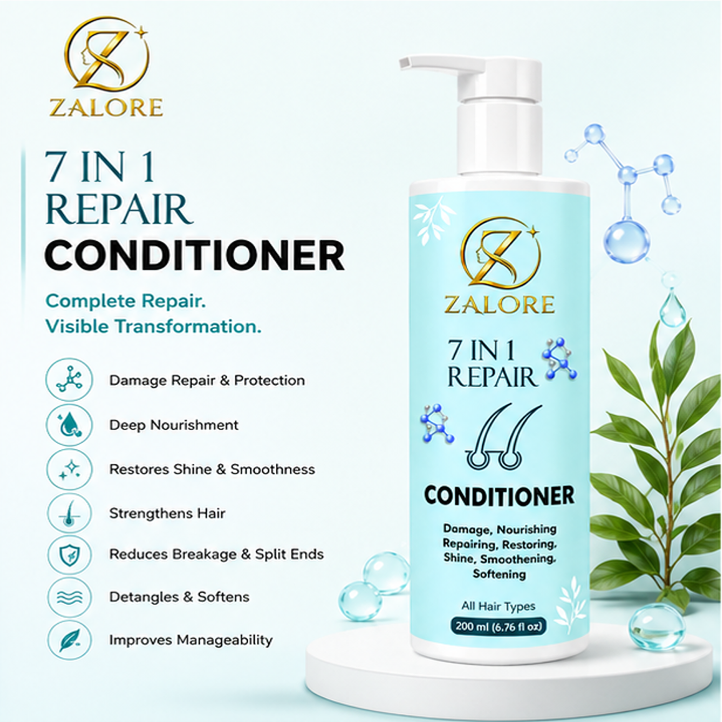 zalore™ 7-in-1 hair repair conditioner | nourish, smooth & strengthen hair | 200ml