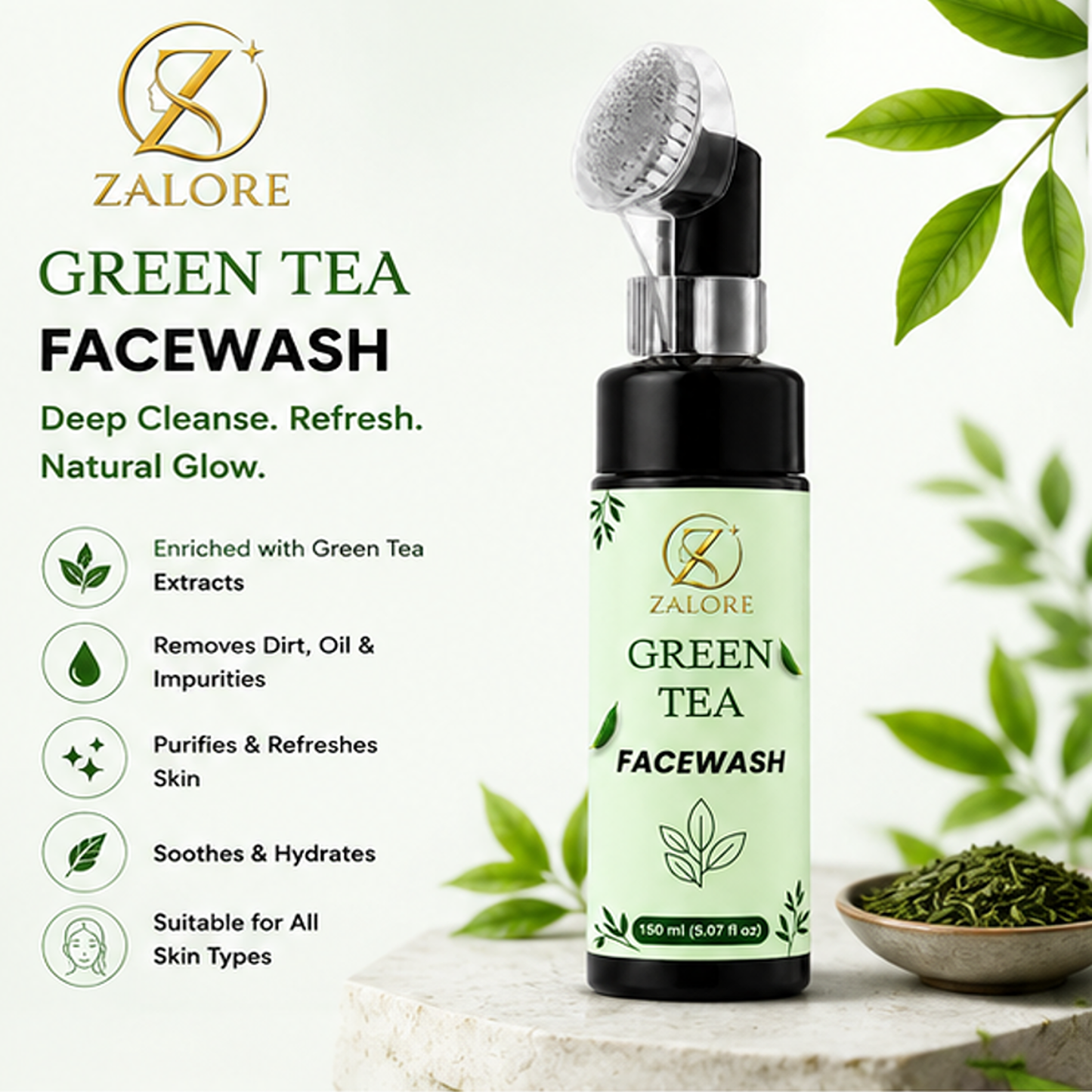 zalore™ green tea purifying face wash | deep cleansing & oil control care | 150ml