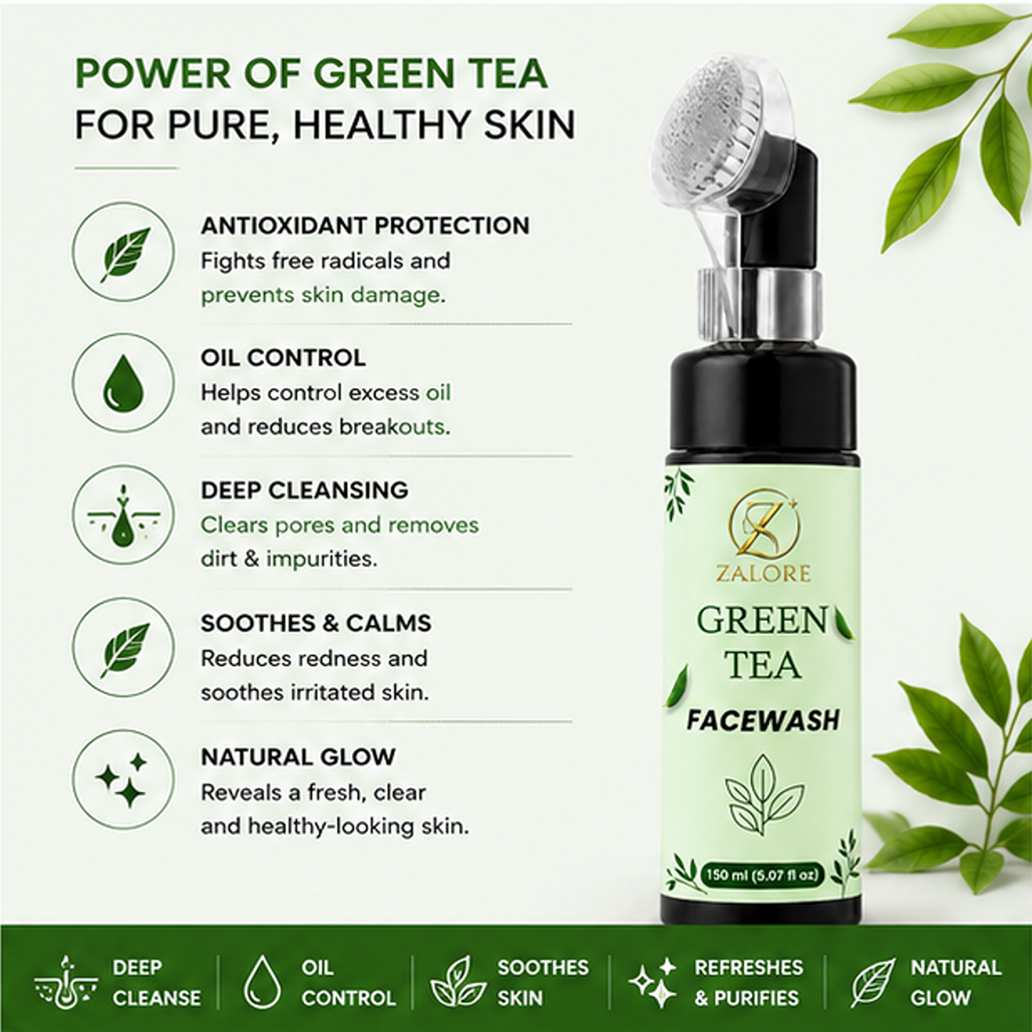 zalore™ green tea purifying face wash | deep cleansing & oil control care | 150ml