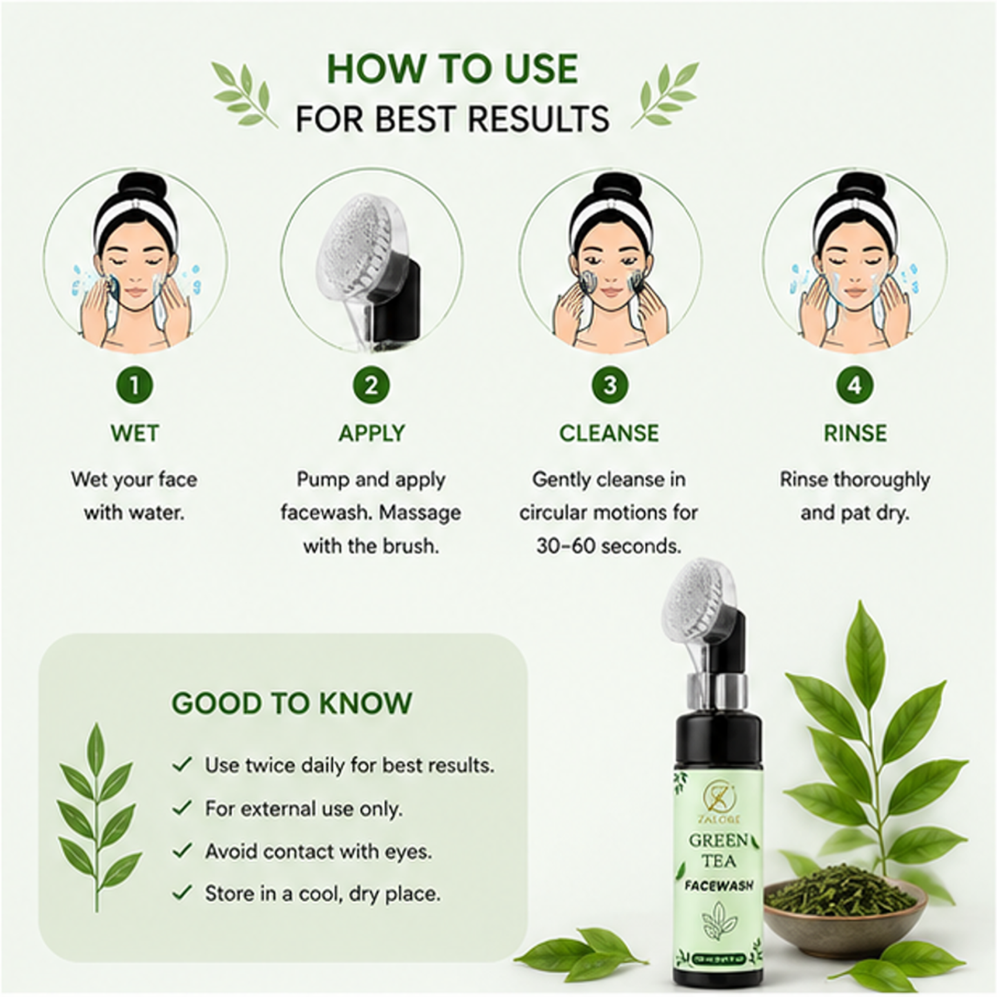 zalore™ green tea purifying face wash | deep cleansing & oil control care | 150ml