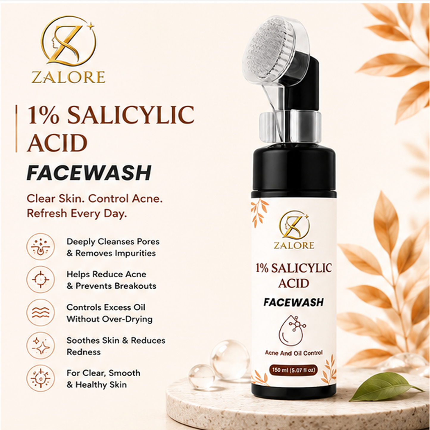 zalore 1% salicylic acid face wash for acne & oil control, deep cleansing facial cleanser helps remove excess oil & impurities for clear skin, 150ml
