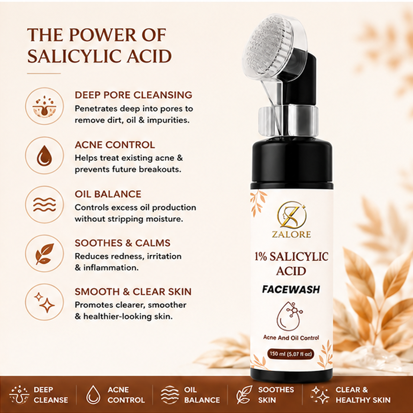 zalore 1% salicylic acid face wash for acne & oil control, deep cleansing facial cleanser helps remove excess oil & impurities for clear skin, 150ml