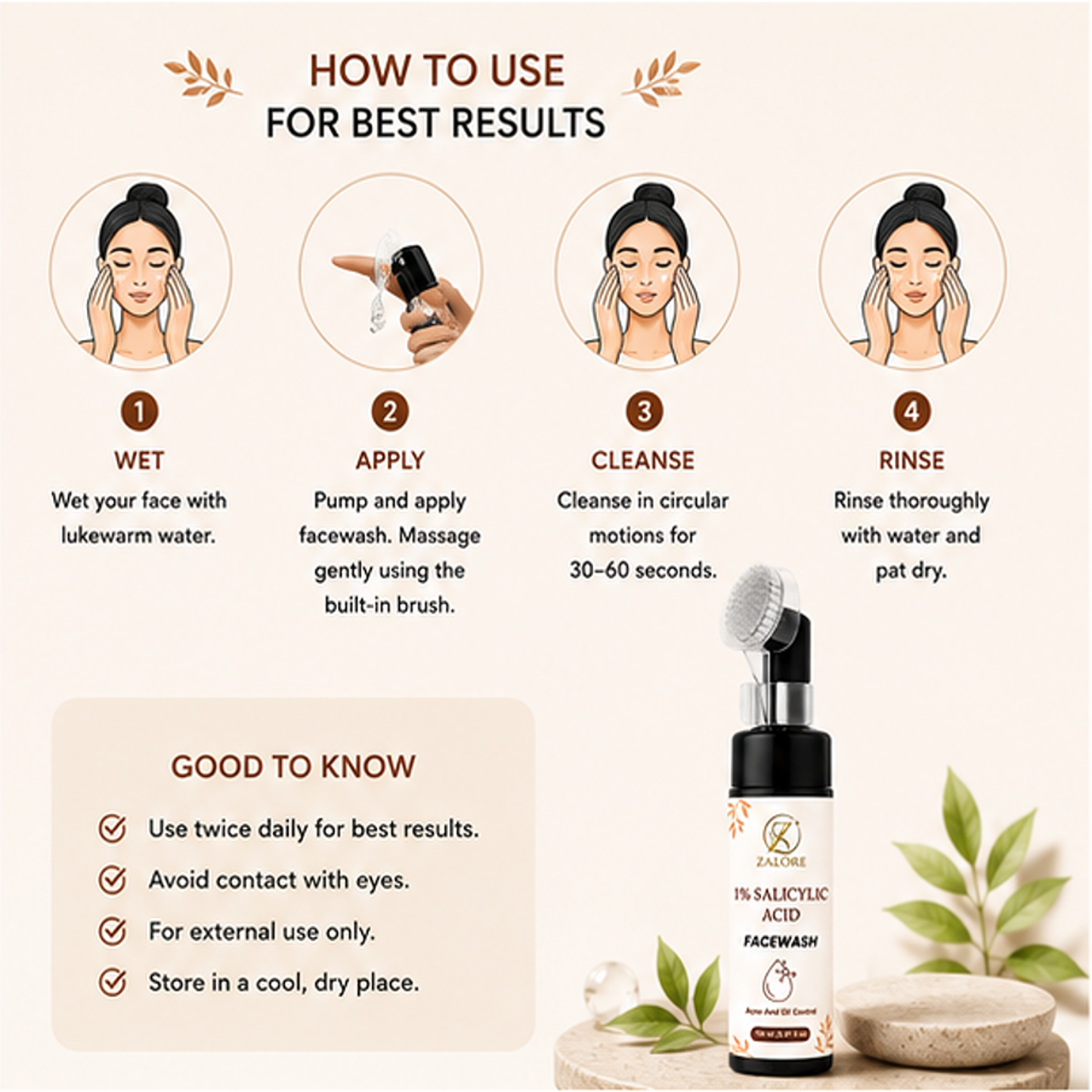 zalore 1% salicylic acid face wash for acne & oil control, deep cleansing facial cleanser helps remove excess oil & impurities for clear skin, 150ml