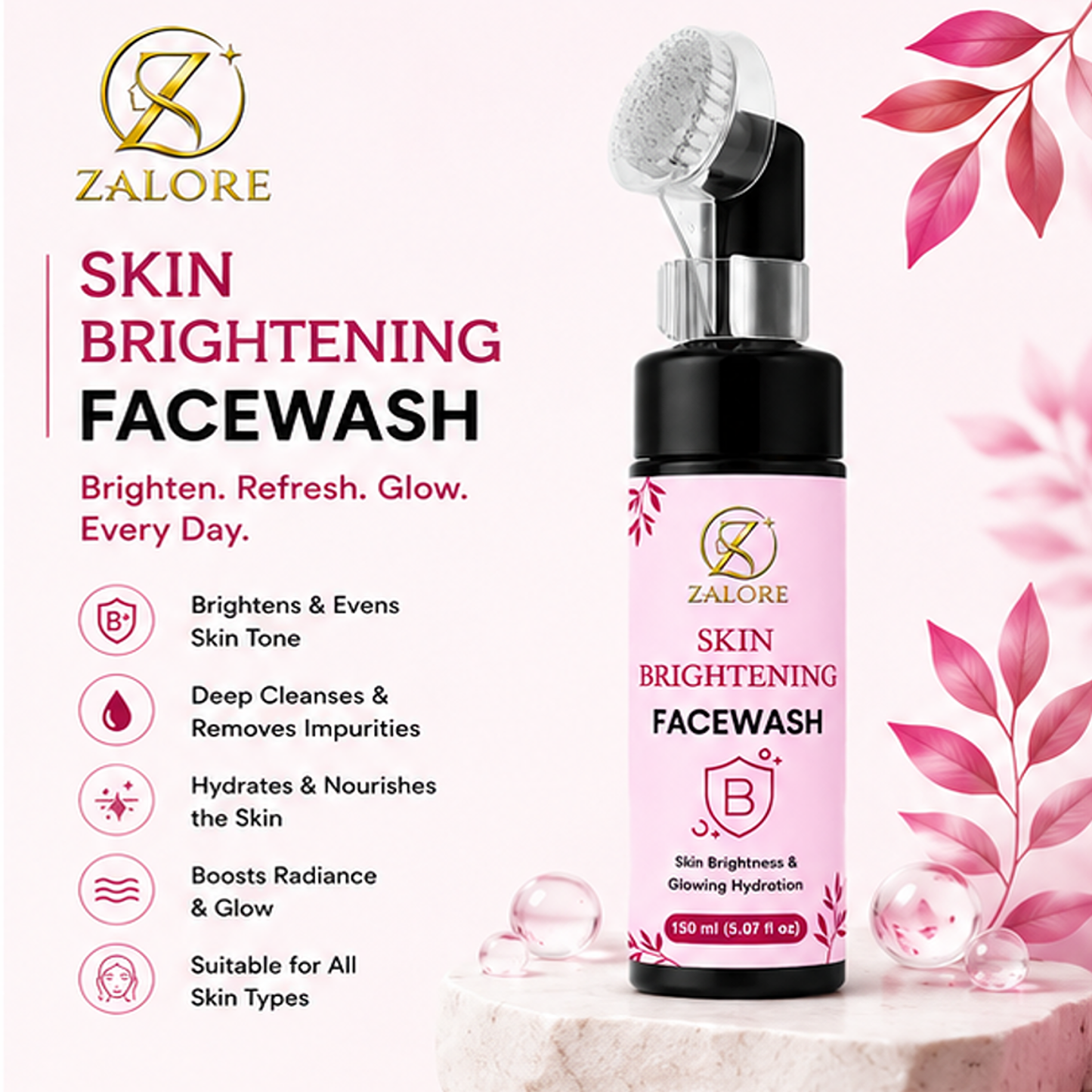 zalore skin brightening face wash with silicone brush, hydrating facial cleanser helps refresh, cleanse & improve skin radiance for all skin types, 150ml