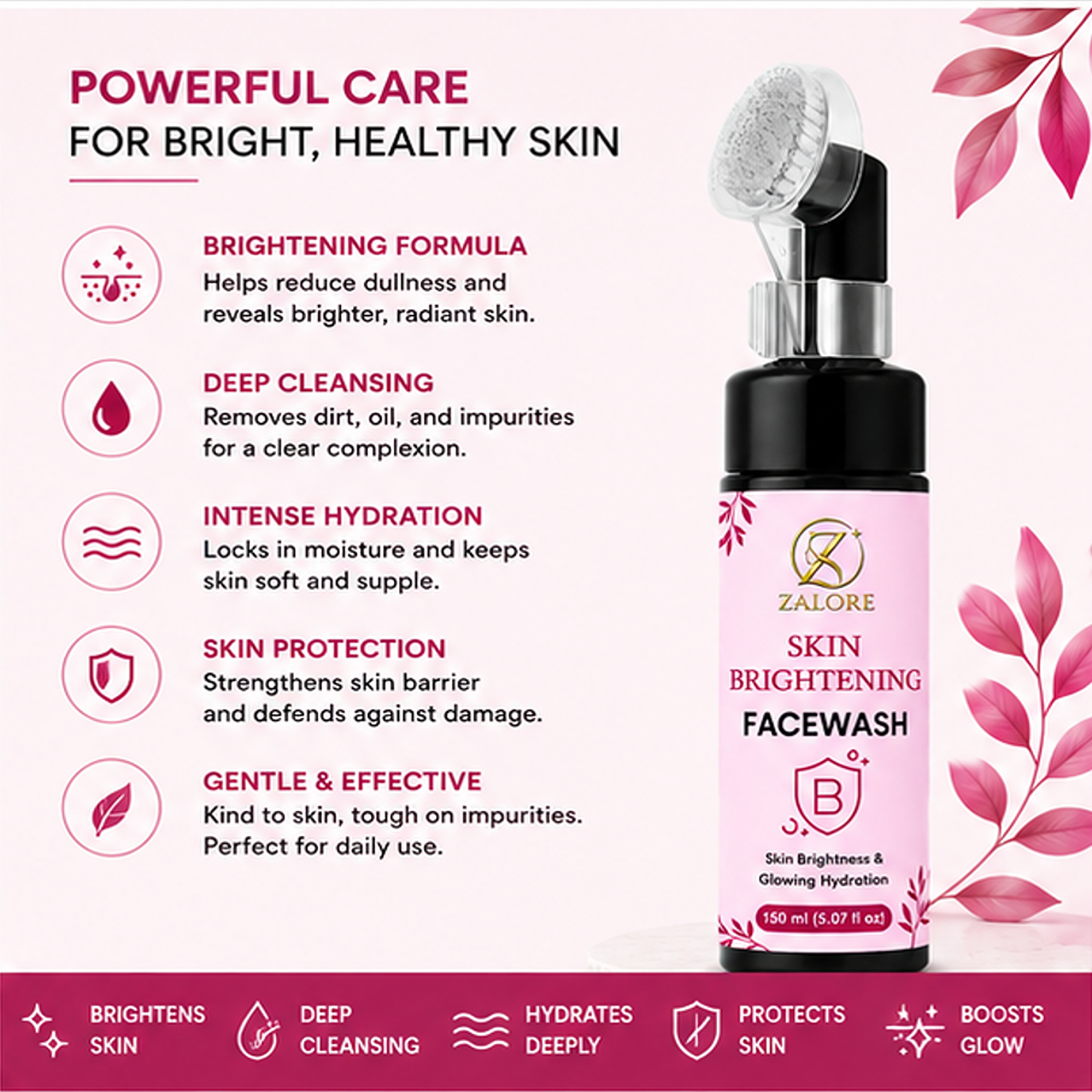 zalore skin brightening face wash with silicone brush, hydrating facial cleanser helps refresh, cleanse & improve skin radiance for all skin types, 150ml