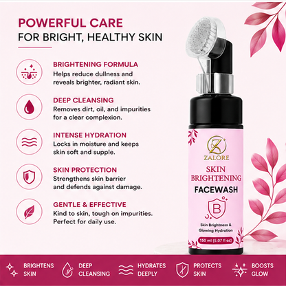 ZALORE Skin Brightening Face Wash with Silicone Brush, Hydrating Facial Cleanser Helps Refresh, Cleanse & Improve Skin Radiance for All Skin Types, 150ml
