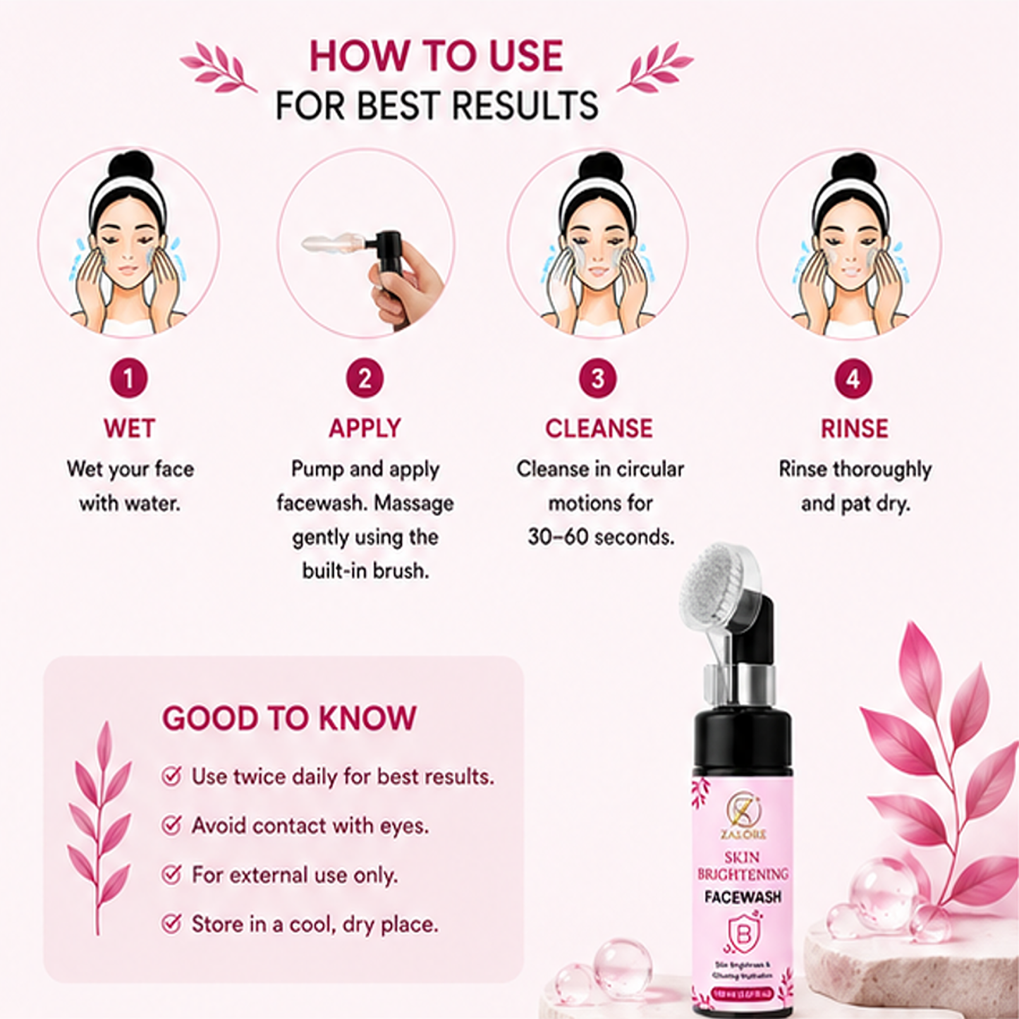 zalore skin brightening face wash with silicone brush, hydrating facial cleanser helps refresh, cleanse & improve skin radiance for all skin types, 150ml