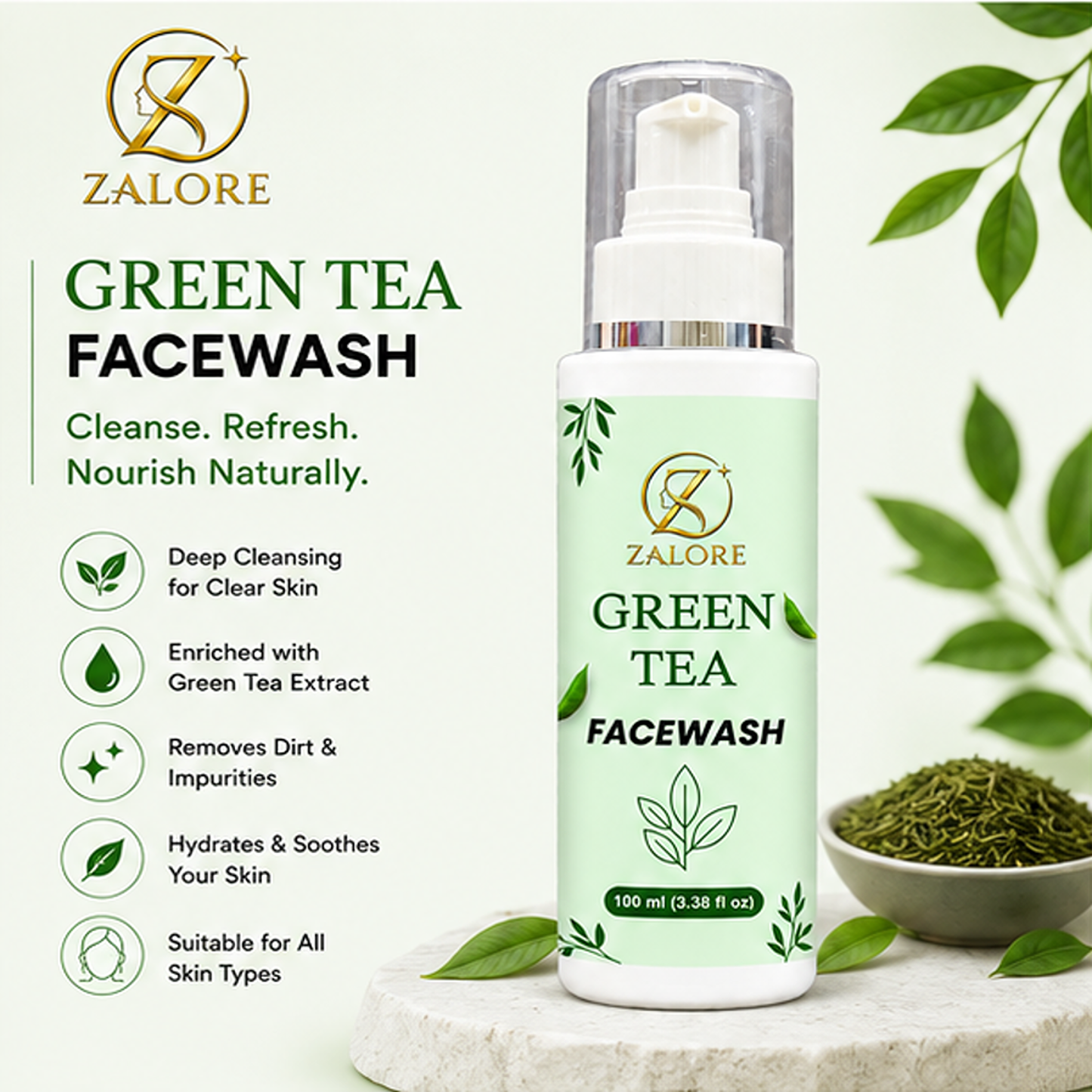 zalore™ green tea purifying face wash | deep cleanse & oil control | 100ml