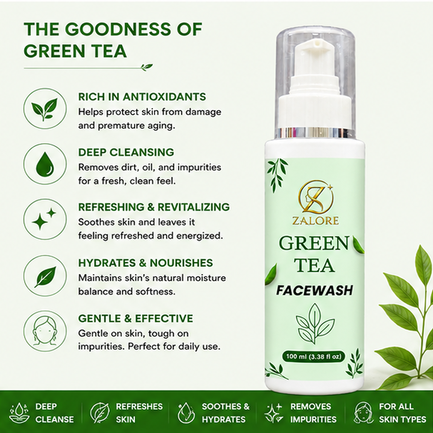 zalore™ green tea purifying face wash | deep cleanse & oil control | 100ml