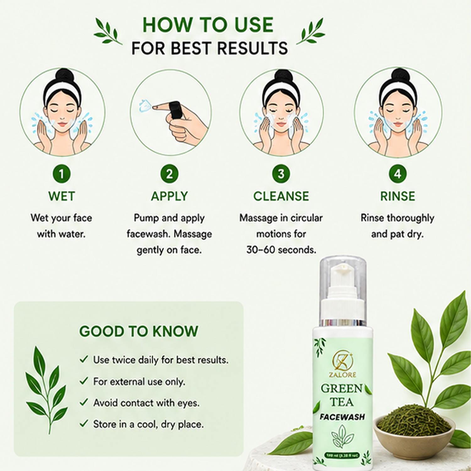ZALORE Green Tea Face Wash for Deep Cleansing & Oil Control, Refreshing Facial Cleanser Helps Remove Dirt & Impurities for Boys & Girl, 100ml