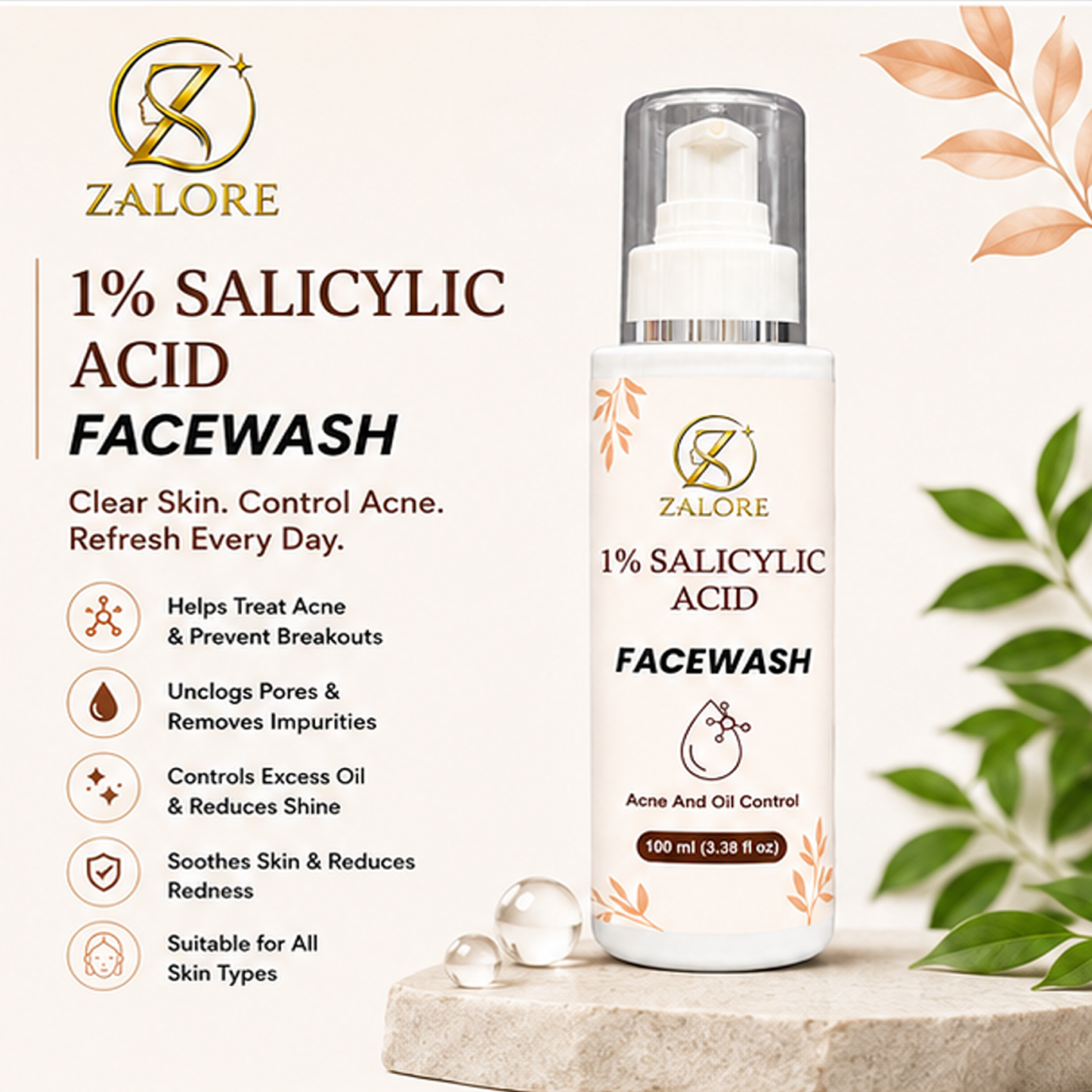 zalore 1% salicylic acid face wash for acne & oil control, deep cleansing facial cleanser helps remove excess oil & impurities for clear skin, 100ml