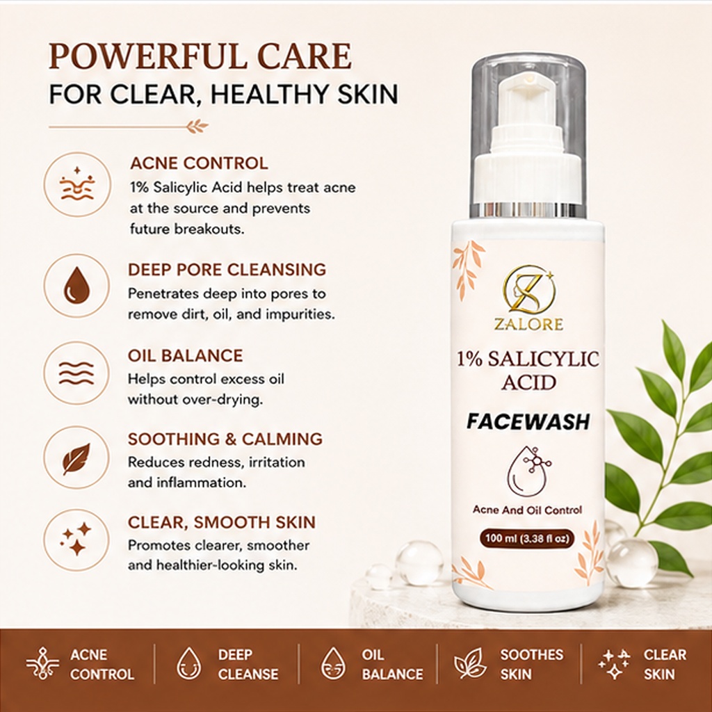ZALORE 1% Salicylic Acid Face Wash for Acne & Oil Control, Deep Cleansing Facial Cleanser Helps Remove Excess Oil & Impurities for Clear Skin, 100ml