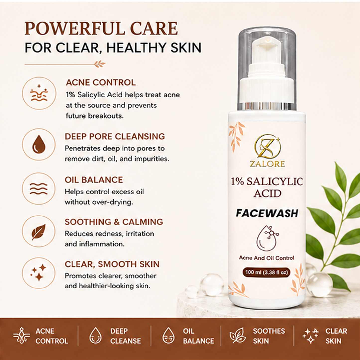 zalore 1% salicylic acid face wash for acne & oil control, deep cleansing facial cleanser helps remove excess oil & impurities for clear skin, 100ml