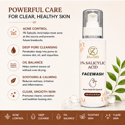 ZALORE 1% Salicylic Acid Face Wash for Acne & Oil Control, Deep Cleansing Facial Cleanser Helps Remove Excess Oil & Impurities for Clear Skin, 100ml