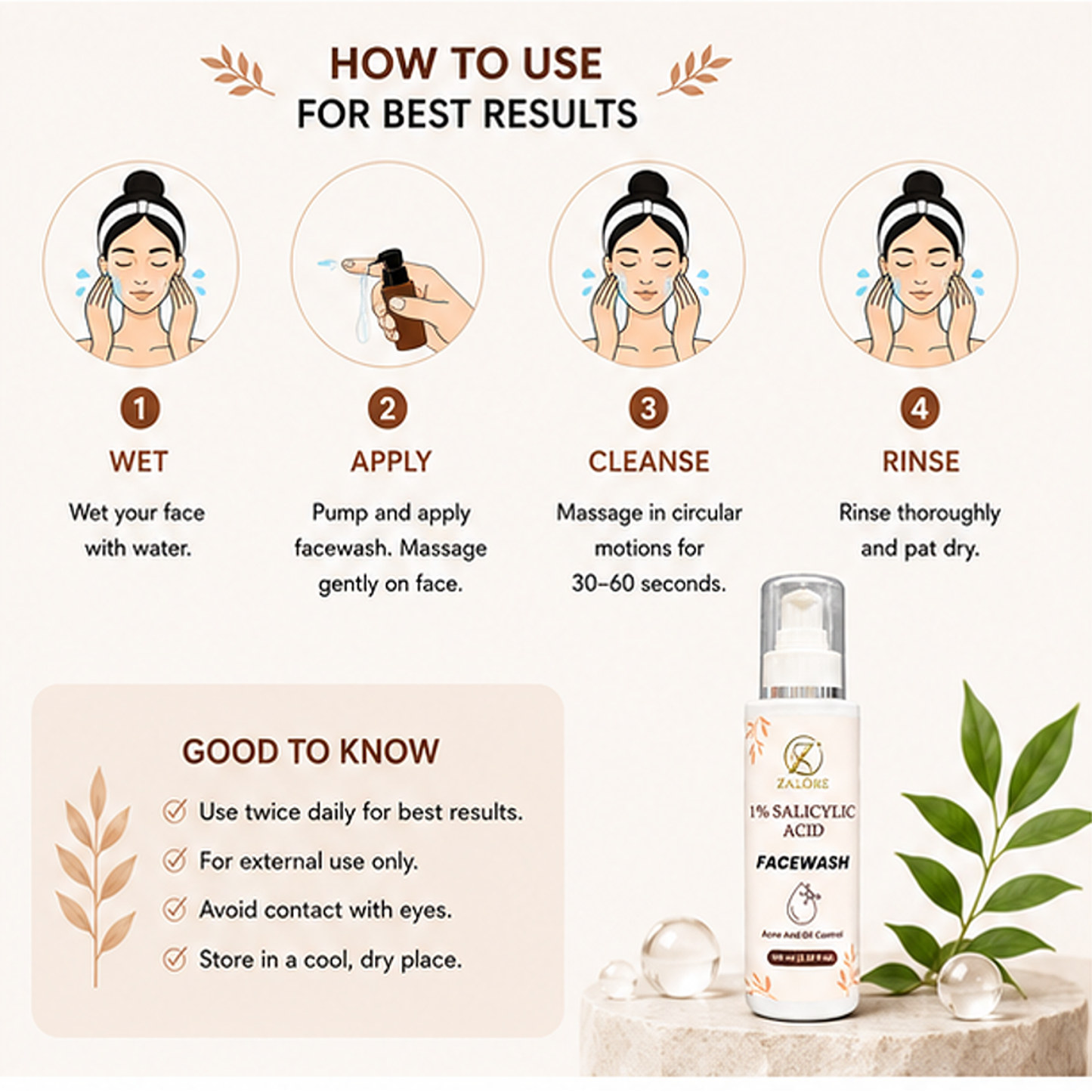 zalore 1% salicylic acid face wash for acne & oil control, deep cleansing facial cleanser helps remove excess oil & impurities for clear skin, 100ml
