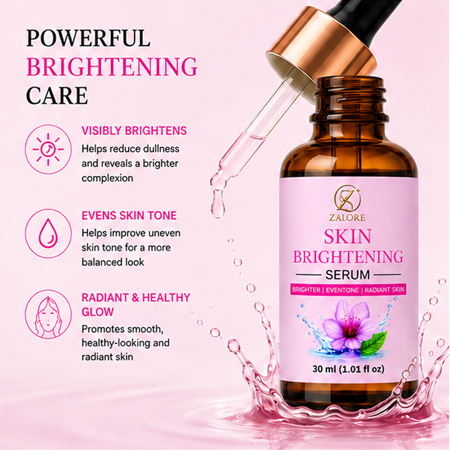 zalore skin brightening face serum for brighter & even tone skin | lightweight hydrating glow serum for daily radiance care | suitable for all skin types 30ml
