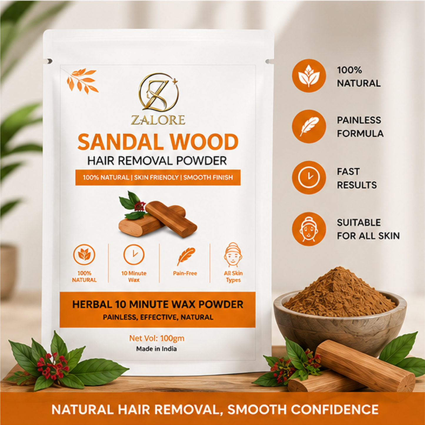 zalore™ sandalwood herbal hair removal powder | smooth & silky skin care | 100g