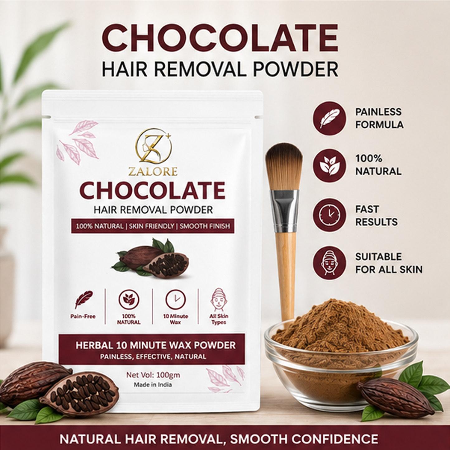 zalore™ chocolate herbal hair removal powder | smooth & silky skin care | 100g