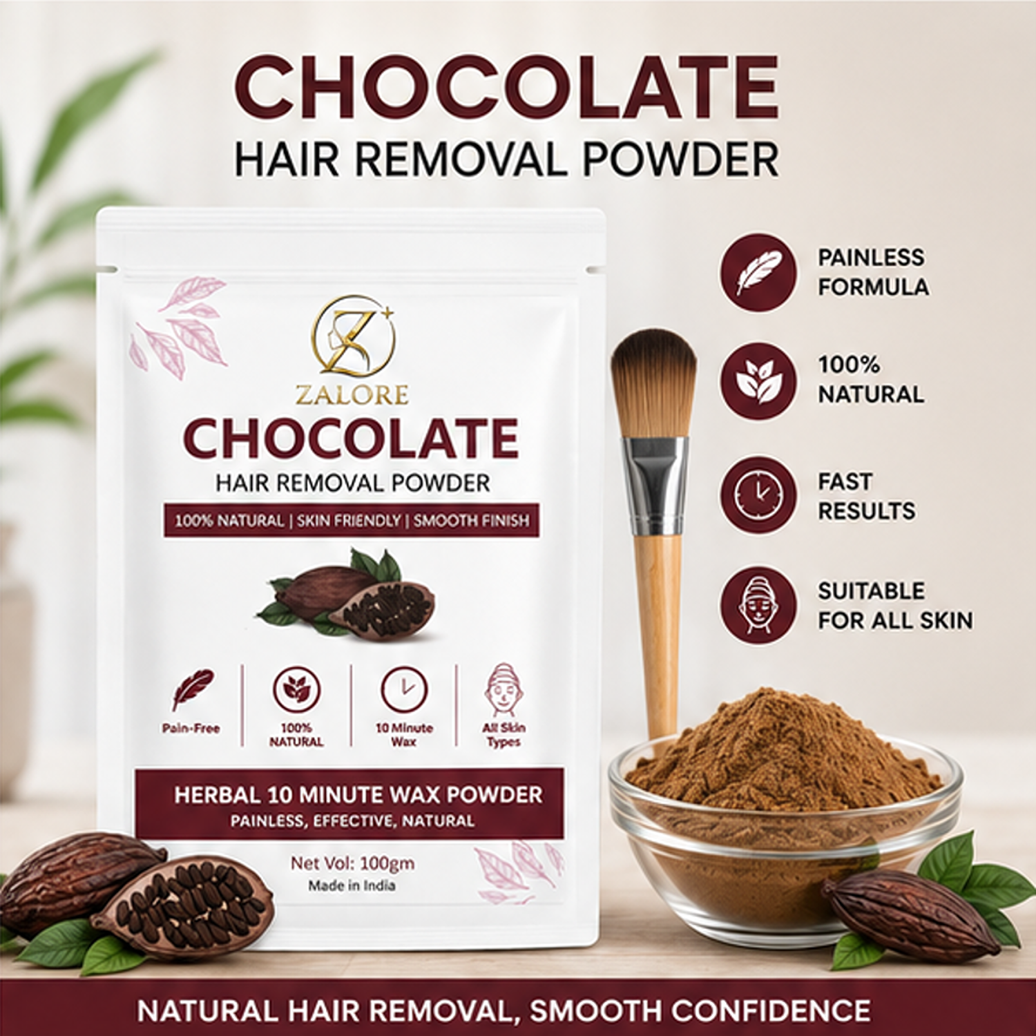 ZALORE Chocolate Hair Removal Powder for Women & Men, Herbal Wax Powder for Smooth Skin, Natural Hair Removal Powder for All Skin Types, 100g
