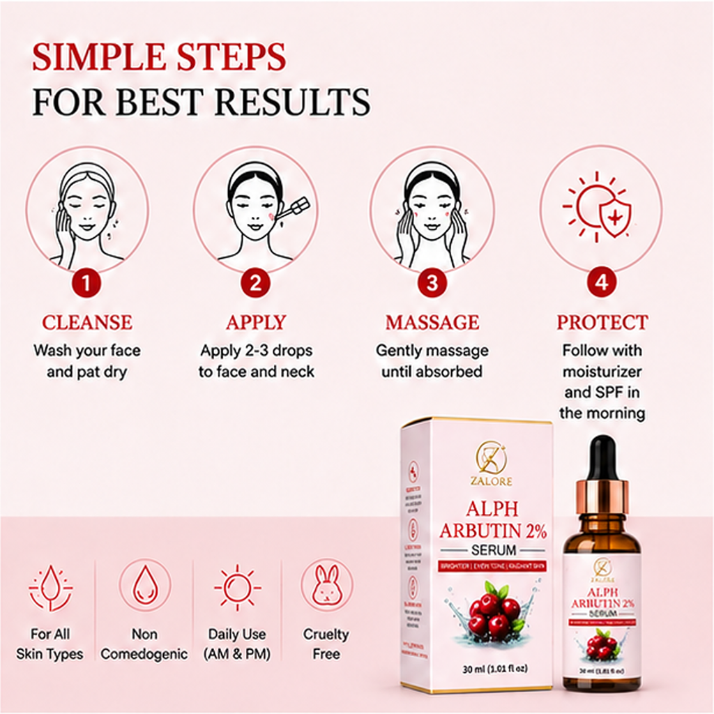 ZALORE Alpha Arbutin 2% Face Serum for Bright & Even Skin Tone | Lightweight Hydrating Serum for Radiant Glow & Dark Spot Care | Daily Use Skincare 30ml