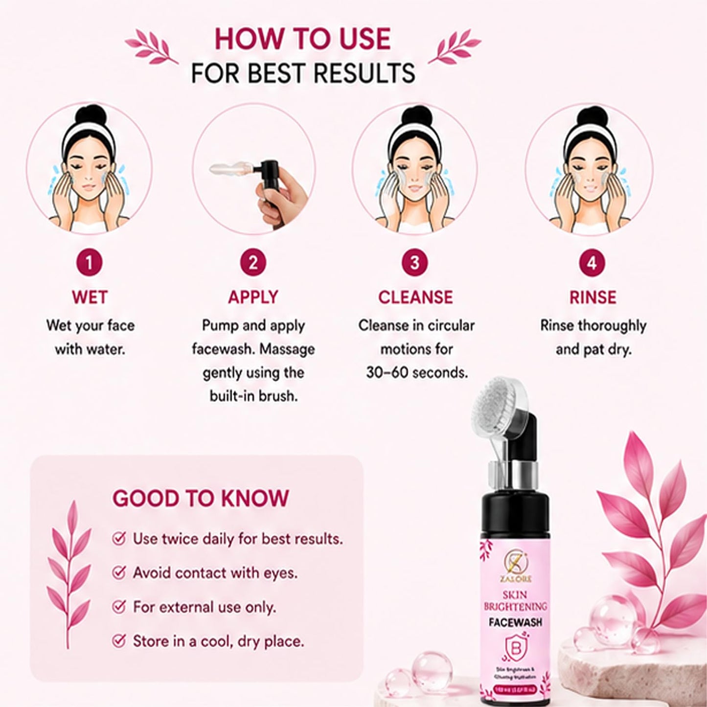 zalore™ brightening face cleanser with silicone brush | hydrating & deep cleansing face wash | 100ml