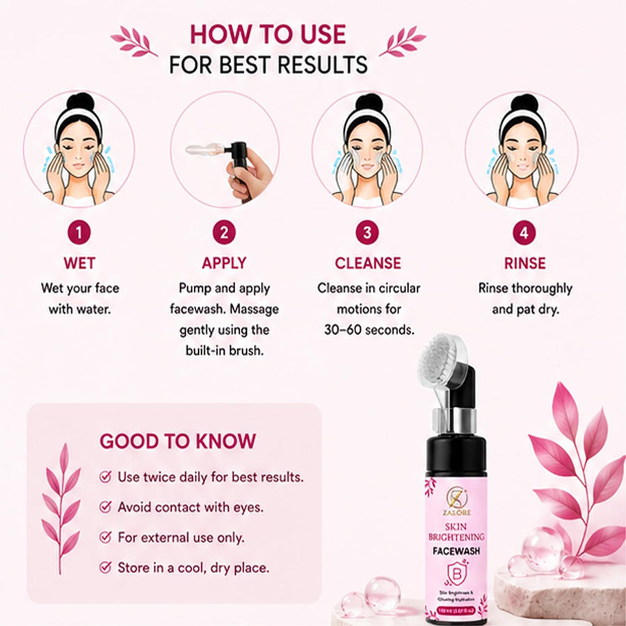 ZALORE™ Brightening Face Cleanser with Silicone Brush | Hydrating & Deep Cleansing Face Wash | 100ml
